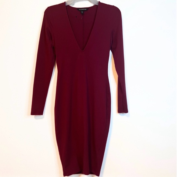 Express V Neck fitted long sleeve maxi Cherry Cola Burgundy dress-XS - Picture 5 of 10